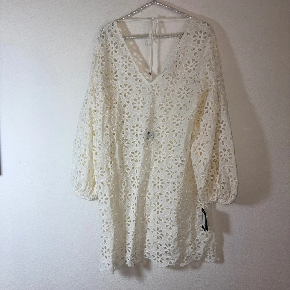 Kate Spade Eyelet Cover-Up Dress medium White NEW Balloon Sleeve Scalloped Boho